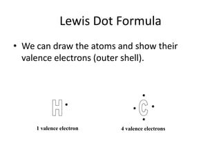 Lewis Dot FormulaWe can draw the atoms and show their valence electrons (outer shell).HC1 valence electron4 valence electrons