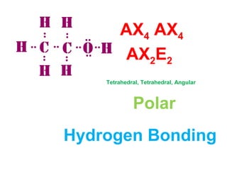 AX4 AX4
AX2E2
Polar
Tetrahedral, Tetrahedral, Angular
Hydrogen Bonding
 