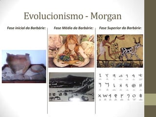 Evolucionismo - Morgan
Fase inicial da Barbárie:

Fase Média da Barbárie:

Fase Superior da Barbárie:

 