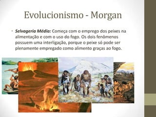 Evolucionismo - Morgan
• Selvageria Média: Começa com o emprego dos peixes na
alimentação e com o uso do fogo. Os dois fenômenos
possuem uma interligação, porque o peixe só pode ser
plenamente empregado como alimento graças ao fogo.

 