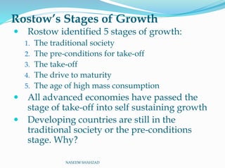 Rostow’s Stages of Growth
 Rostow identified 5 stages of growth:
1. The traditional society
2. The pre-conditions for take-off
3. The take-off
4. The drive to maturity
5. The age of high mass consumption
 All advanced economies have passed the
stage of take-off into self sustaining growth
 Developing countries are still in the
traditional society or the pre-conditions
stage. Why?
NASEEM SHAHZAD
 