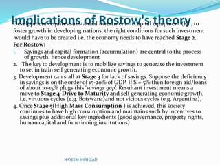 Implications of Rostow's theoryDevelopment requires substantial investment in capital equipment (K) ; to
foster growth in developing nations, the right conditions for such investment
would have to be created i.e. the economy needs to have reached Stage 2.
For Rostow:
1. Savings and capital formation (accumulation) are central to the process
of growth, hence development
2. The key to development is to mobilize savings to generate the investment
to set in train self generating economic growth.
3. Development can stall at Stage 3 for lack of savings. Suppose the deficiency
in savings is on the order of 15-20% of GDP. If S = 5% then foreign aid/loans
of about 10-15% plugs this ‘savings gap’. Resultant investment means a
move to Stage 4-Drive to Maturity and self generating economic growth,
i.e. virtuous cycles (e.g. Botswana)and not vicious cycles (e.g. Argentina).
4. Once Stage 5(High Mass Consumption ) is achieved, this society
continues to have high consumption and maintains such by incentives to
savings plus additional key ingredients (good governance, property rights,
human capital and functioning institutions)
NASEEM SHAHZAD
 