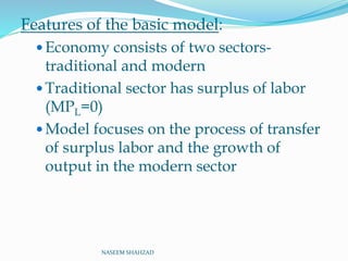 Features of the basic model:
 Economy consists of two sectors-
traditional and modern
 Traditional sector has surplus of labor
(MPL=0)
 Model focuses on the process of transfer
of surplus labor and the growth of
output in the modern sector
NASEEM SHAHZAD
 