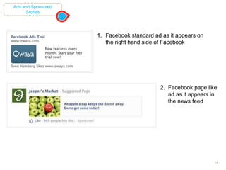 19
Ads and Sponsored
Stories
1. Facebook standard ad as it appears on
the right hand side of Facebook
2. Facebook page like
ad as it appears in
the news feed
 