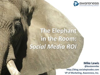 The Elephantin the Room:Social Media ROI Mike Lewis@bostonmike http://blog.socialepisodes.com VP of Marketing, Awareness, Inc. 