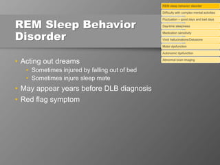 REM Sleep Behavior
Disorder
• Acting out dreams
• Sometimes injured by falling out of bed
• Sometimes injure sleep mate
• May appear years before DLB diagnosis
• Red flag symptom
REM sleep behavior disorder
Difficulty with complex mental activities
Fluctuation – good days and bad days
Day-time sleepiness
Medication sensitivity
Vivid hallucinations/Delusions
Motor dysfunction
Autonomic dysfunction
Abnormal brain imaging
 