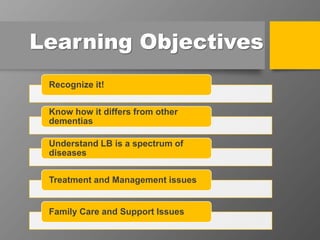 Learning Objectives
Recognize it!
Know how it differs from other
dementias
Understand LB is a spectrum of
diseases
Treatment and Management issues
Family Care and Support Issues
 