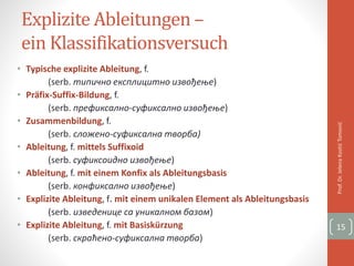 Explizite Ableitungen –
ein Klassifikationsversuch
• Typische explizite Ableitung, f.
(serb. типично експлицитно извођење)
• Präfix-Suffix-Bildung, f.
(serb. префиксално-суфиксално извођење)
• Zusammenbildung, f.
(serb. сложено-суфиксална творба)
• Ableitung, f. mittels Suffixoid
(serb. суфиксоидно извођење)
• Ableitung, f. mit einem Konfix als Ableitungsbasis
(serb. конфиксално извођење)
• Explizite Ableitung, f. mit einem unikalen Element als Ableitungsbasis
(serb. изведенице са уникалном базом)
• Explizite Ableitung, f. mit Basiskürzung
(serb. скраћено-суфиксална творба)
Prof.Dr.JelenaKostićTomović
15
 