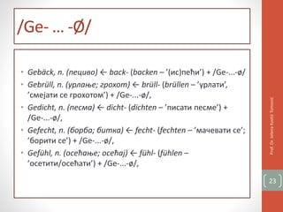 /Ge- … -Ø/
• Gebäck, n. (пециво) ← back- (backen – ’(ис)пећи’) + /Ge-...-ø/
• Gebrüll, n. (урлање; грохот) ← brüll- (brüllen – ’урлати’,
’смејати се грохотом’) + /Ge-...-ø/,
• Gedicht, n. (песма) ← dicht- (dichten – ’писати песме’) +
/Ge-...-ø/,
• Gefecht, n. (борба; битка) ← fecht- (fechten – ’мачевати се’;
’борити се’) + /Ge-...-ø/,
• Gefühl, n. (осећање; осећај) ← fühl- (fühlen –
’осетити/осећати’) + /Ge-...-ø/,
Prof.Dr.JelenaKostićTomović
23
 