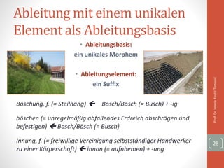 Ableitung mit einem unikalen
Element als Ableitungsbasis
• Ableitungsbasis:
ein unikales Morphem
• Ableitungselement:
ein Suffix
Böschung, f. (= Steilhang)  Bosch/Bösch (= Busch) + -ig
böschen (= unregelmäßig abfallendes Erdreich abschrägen und
befestigen)  Bosch/Bösch (= Busch)
Innung, f. (= freiwillige Vereinigung selbstständiger Handwerker
zu einer Körperschaft)  innon (= aufnhemen) + -ung
Prof.Dr.JelenaKostićTomović
28
 