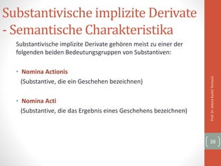 Substantivische implizite Derivate
- Semantische Charakteristika
Substantivische implizite Derivate gehören meist zu einer der
folgenden beiden Bedeutungsgruppen von Substantiven:
• Nomina Actionis
(Substantive, die ein Geschehen bezeichnen)
• Nomina Acti
(Substantive, die das Ergebnis eines Geschehens bezeichnen)
Prof.Dr.JelenaKostićTomović
38
 