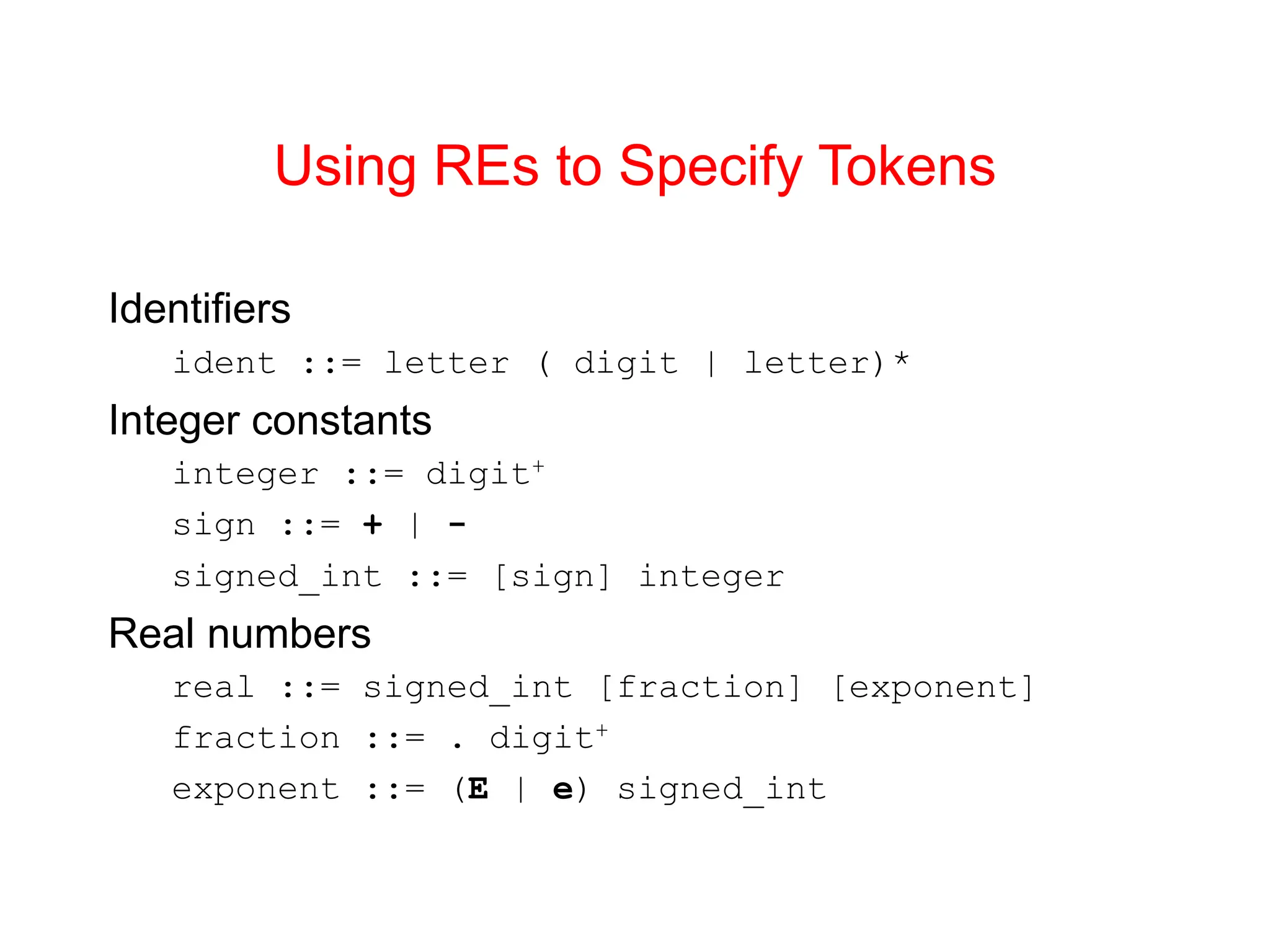 Using REs to Specify Tokens Identifiers ident ::= letter ( digit | letter)* Integer constants integer ::= digit+ sign ::= + | - signed_int ::= [sign] integer Real numbers real ::= signed_int [fraction] [exponent] fraction ::= . digit+ exponent ::= (E | e) signed_int 