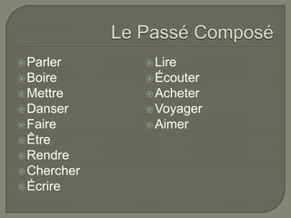 Parler
Boire
Mettre
Danser
Faire
Être
Rendre
Chercher
Écrire
Lire
Écouter
Acheter
Voyager
Aimer
 