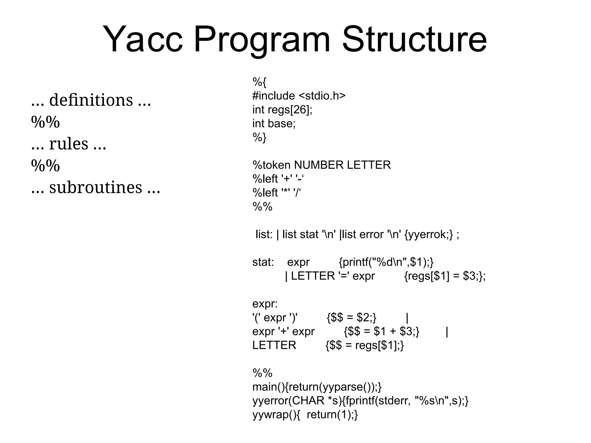 Yacc Program Structure %{ #include <stdio.h> int regs[26]; int base; %} %token NUMBER LETTER %left '+' '-‘ %left '*' '/‘ %% list: | list stat 'n' |list error 'n' {yyerrok;} ; stat: expr {printf("%dn",$1);} | LETTER '=' expr {regs[$1] = $3;}; expr: '(' expr ')' {$$ = $2;} | expr '+' expr {$$ = $1 + $3;} | LETTER {$$ = regs[$1];} %% main(){return(yyparse());} yyerror(CHAR *s){fprintf(stderr, "%sn",s);} yywrap(){ return(1);} … definitions … %% … rules … %% … subroutines … 
