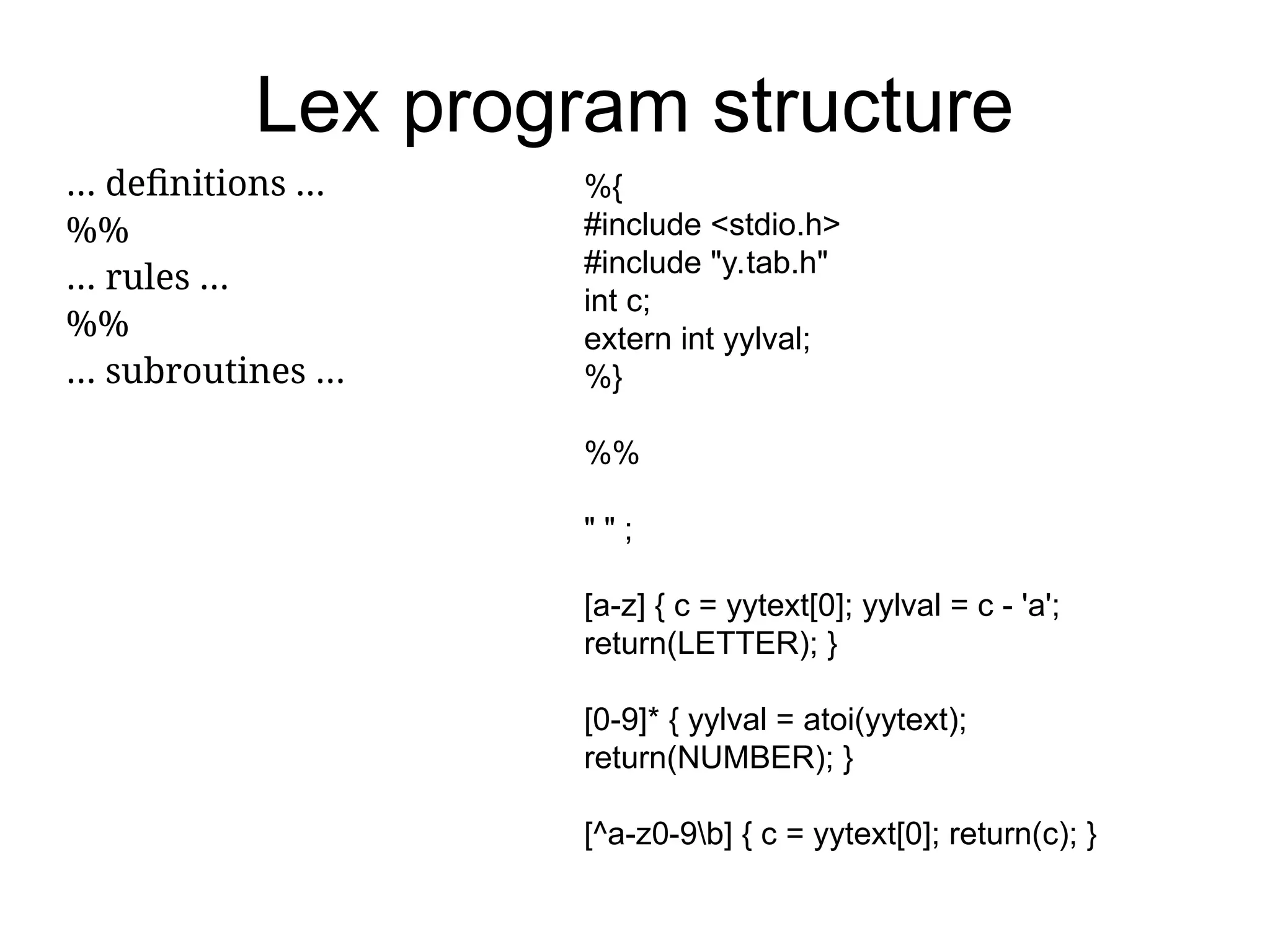 Lex program structure … definitions … %% … rules … %% … subroutines … %{ #include <stdio.h> #include "y.tab.h" int c; extern int yylval; %} %% " " ; [a-z] { c = yytext[0]; yylval = c - 'a'; return(LETTER); } [0-9]* { yylval = atoi(yytext); return(NUMBER); } [^a-z0-9b] { c = yytext[0]; return(c); } 