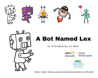 A Bot Named Lex
An Introduction to Bots
Source: https://docs.aws.amazon.com/lex/latest/dg/how-it-works.html
 