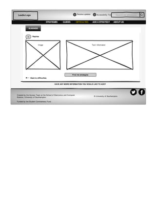 Accessibiltiy Tool Search for strategiesLexdis Logo
STRATEGIES DIFFICULTIES ADD A STRATEGY ABOUT USGUIDES
Image Text/ Information
1 Replies
Find me strategies
HAVE ANY MORE INFORMATION YOU WOULD LIKE TO ADD?
BLINDNESS
Created by the Access Team at the School of Electronics and Computer
Science, University of Southampton.
Funded by the Student Centredness Fund.
© University of Southampton.
Back to difficulties
Receive updates
 