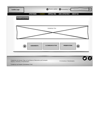 Accessibiltiy Tool Search for strategiesLexdis Logo
STRATEGIES DIFFICULTIES ADD A STRATEGY ABOUT USGUIDES
STUDENT'S ACTIVITIES
Created by the Access Team at the School of Electronics and Computer
Science, University of Southampton.
Funded by the Student Centredness Fund.
© University of Southampton.
Introduction Text
ASSIGNMENTS E-COMMUNICATION PRESENTATIONS
Receive updates
 
