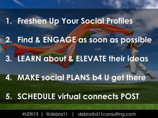 1. Freshen Up Your Social Profiles
2. Find & ENGAGE as soon as possible
3. LEARN about & ELEVATE their ideas
4. MAKE social PLANS b4 U get there
5. SCHEDULE virtual connects POST
#LEXI13 | @debra11 | debra@d11consulting.com
 