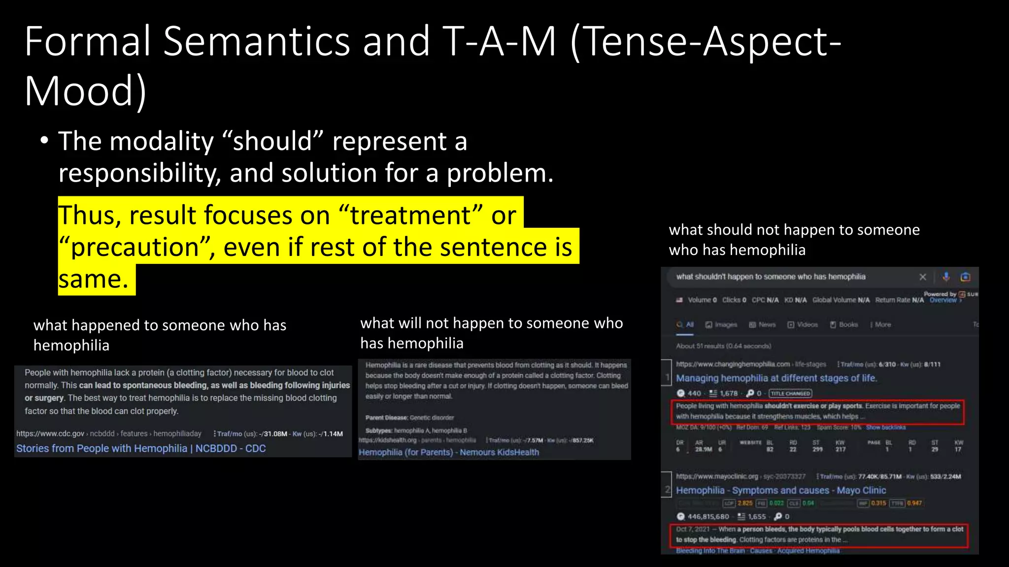 Formal Semantics and T-A-M (Tense-Aspect-
Mood)
• The modality “should” represent a
responsibility, and solution for a problem.
• Thus, result focuses on “treatment” or
“precaution”, even if rest of the sentence is
same.
what should not happen to someone
who has hemophilia
what will not happen to someone who
has hemophilia
what happened to someone who has
hemophilia
 