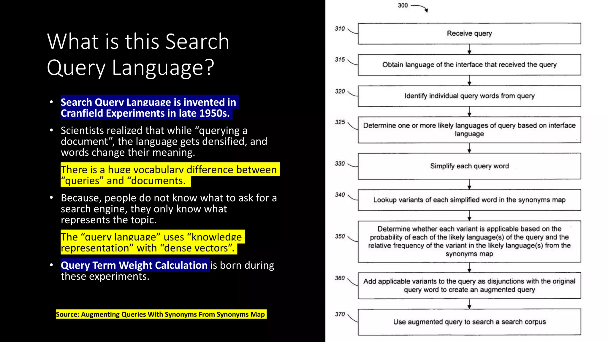 What is this Search
Query Language?
• Search Query Language is invented in
Cranfield Experiments in late 1950s.
• Scientists realized that while “querying a
document”, the language gets densified, and
words change their meaning.
• There is a huge vocabulary difference between
“queries” and “documents.
• Because, people do not know what to ask for a
search engine, they only know what
represents the topic.
• The “query language” uses “knowledge
representation” with “dense vectors”.
• Query Term Weight Calculation is born during
these experiments.
Source: Augmenting Queries With Synonyms From Synonyms Map
 