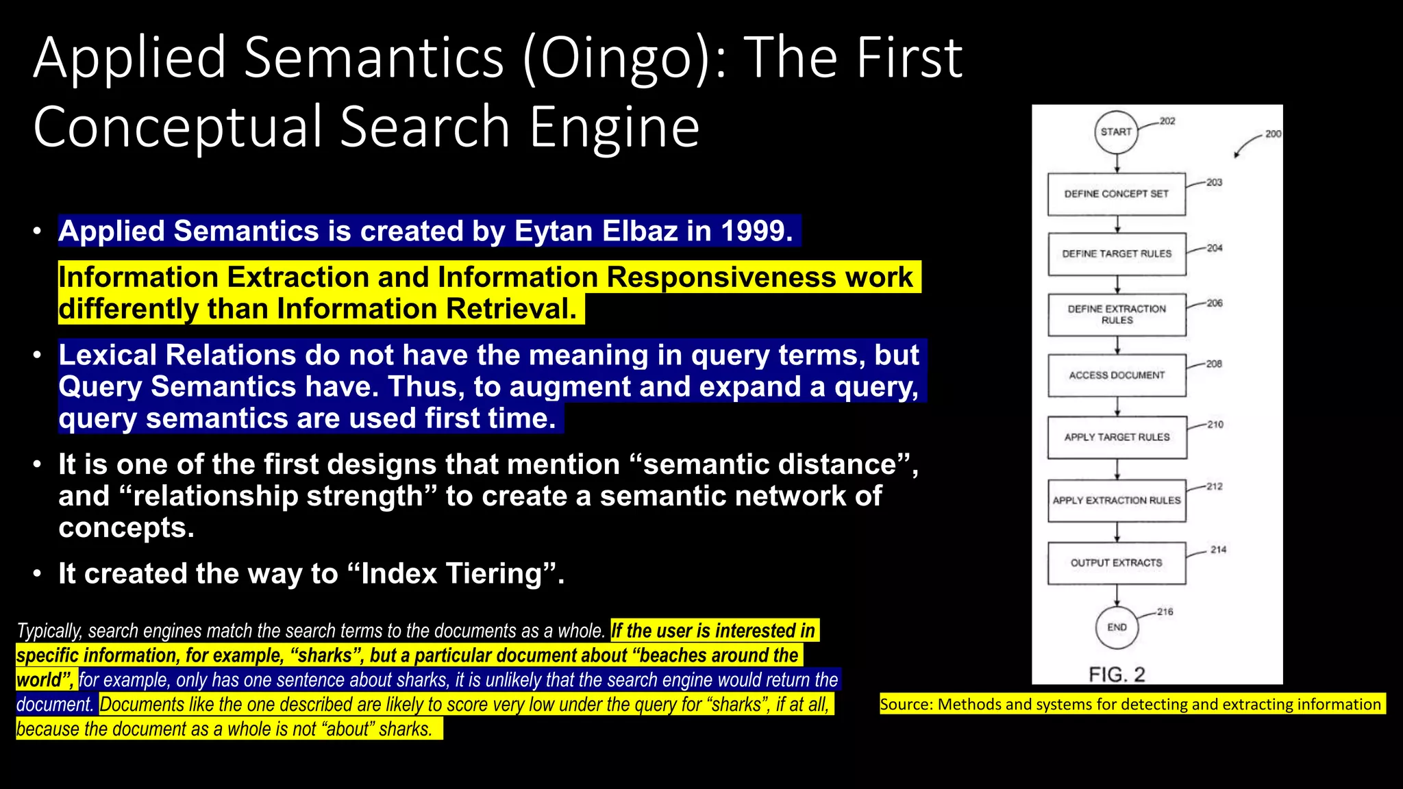Applied Semantics (Oingo): The First
Conceptual Search Engine
• Applied Semantics is created by Eytan Elbaz in 1999.
• Information Extraction and Information Responsiveness work
differently than Information Retrieval.
• Lexical Relations do not have the meaning in query terms, but
Query Semantics have. Thus, to augment and expand a query,
query semantics are used first time.
• It is one of the first designs that mention “semantic distance”,
and “relationship strength” to create a semantic network of
concepts.
• It created the way to “Index Tiering”.
Typically, search engines match the search terms to the documents as a whole. If the user is interested in
specific information, for example, “sharks”, but a particular document about “beaches around the
world”, for example, only has one sentence about sharks, it is unlikely that the search engine would return the
document. Documents like the one described are likely to score very low under the query for “sharks”, if at all,
because the document as a whole is not “about” sharks.
Source: Methods and systems for detecting and extracting information
 