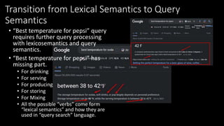 Transition from Lexical Semantics to Query
Semantics
• “Best temperature for pepsi” query
requires further query processin...