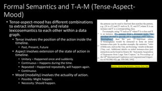 Formal Semantics and T-A-M (Tense-Aspect-
Mood)
• Tense-aspect-mood has different combinations
to extract information, and...