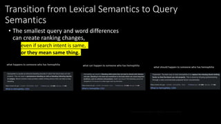 Transition from Lexical Semantics to Query
Semantics
• The smallest query and word differences
can create ranking changes,...