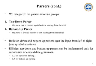3
Parsers (cont.)
• We categorize the parsers into two groups:
1. Top-Down Parser
– the parse tree is created top to bottom, starting from the root.
1. Bottom-Up Parser
– the parse is created bottom to top; starting from the leaves
• Both top-down and bottom-up parsers scan the input from left to right
(one symbol at a time).
• Efficient top-down and bottom-up parsers can be implemented only for
sub-classes of context-free grammars.
– LL for top-down parsing
– LR for bottom-up parsing
 