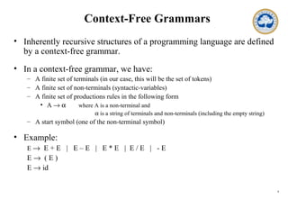 4
Context-Free Grammars
• Inherently recursive structures of a programming language are defined
by a context-free grammar.
• In a context-free grammar, we have:
– A finite set of terminals (in our case, this will be the set of tokens)
– A finite set of non-terminals (syntactic-variables)
– A finite set of productions rules in the following form
• A → α where A is a non-terminal and
α is a string of terminals and non-terminals (including the empty string)
– A start symbol (one of the non-terminal symbol)
• Example:
E → E + E | E – E | E * E | E / E | - E
E → ( E )
E → id
 
