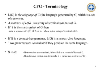 6
CFG - Terminology
• L(G) is the language of G (the language generated by G) which is a set
of sentences.
• A sentence of L(G) is a string of terminal symbols of G.
• If S is the start symbol of G then
ω is a sentence of L(G) iff S ⇒ ω where ω is a string of terminals of G.
• If G is a context-free grammar, L(G) is a context-free language.
• Two grammars are equivalent if they produce the same language.
• S ⇒ α - If α contains non-terminals, it is called as a sentential form of G.
- If α does not contain non-terminals, it is called as a sentence of G.
+
*
 