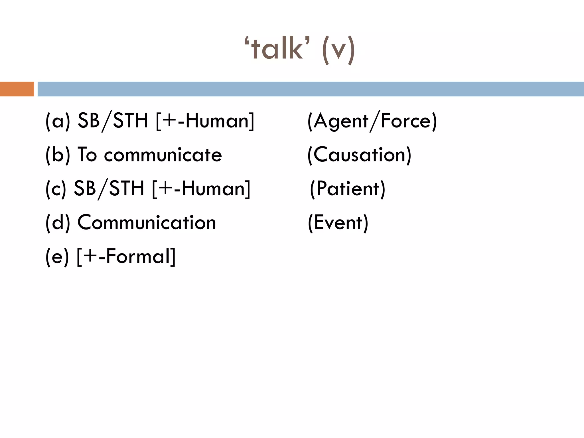 „talk‟ (v)
(a) SB/STH [+-Human]   (Agent/Force)
(b) To communicate     (Causation)
(c) SB/STH [+-Human]   (Patient)
(d) Communication      (Event)
(e) [+-Formal]
 