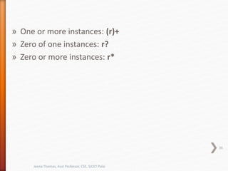» One or more instances: (r)+
» Zero of one instances: r?
» Zero or more instances: r*
36
Jeena Thomas, Asst Professor, CSE, SJCET Palai
 