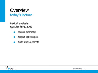 today’s lecture
Lexical Analysis
Overview
Lexical analysis
Regular languages
• regular grammars
• regular expressions
• finite state automata
2
 