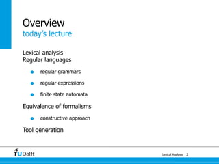 today’s lecture
Lexical Analysis
Overview
Lexical analysis
Regular languages
• regular grammars
• regular expressions
• finite state automata
Equivalence of formalisms
• constructive approach
Tool generation
2
 