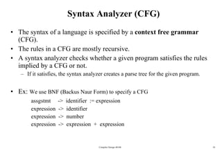 Syntax Analyzer (CFG) The syntax of a language is specified by a  context free grammar  (CFG). The rules in a CFG are mostly recursive. A syntax analyzer checks whether a given program satisfies the rules implied by a CFG or not. If it satisfies, the syntax analyzer creates a parse tree for the given program. Ex:  We use BNF (Backus Naur Form) to specify a CFG assgstmt  ->  identifier  := expression expression  ->  identifier expression  ->  number expression  ->  expression  +  expression Compiler Design 40106 