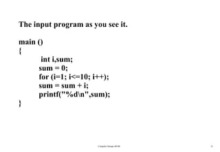 The input program as you see it. main () {    int i,sum;   sum = 0;   for (i=1; i<=10; i++);   sum = sum + i;   printf("%d\n",sum); }   Compiler Design 40106 