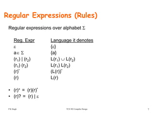 Regular Expressions (Rules)
Regular expressions over alphabet Σ
Reg. Expr Language it denotes
ε {ε}
a∈ Σ {a}a∈ Σ {a}
(r1) | (r2) L(r1) ∪ L(r2)
(r1) (r2) L(r1) L(r2)( 1) ( 2) ( 1) ( 2)
(r)* (L(r))*
(r) L(r)
• (r)+ = (r)(r)*
• (r)? = (r) | ε
TCS 502 Compiler Design 7
( ) ( ) | ε
P K Singh
 
