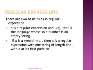 There are two basic rules in regular
expression.
1. ɛ is a regular expression and L(ɛ), that is
the language whose sole number is an
empty string.
2. If a is a symbol in Ʃ , then a is a regular
expression with one string of length one ,
with a at its first position.
inspireray.blogspot.in
 