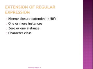 Kleene closure extended in 50’s
One or more instances
Zero or one instance.
Character class.
inspireray.blogspot.in
 