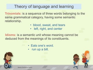 Theory of language and learning
Trinomials: is a sequence of three words belonging to the
same grammatical category, having some semantic
relationship.
• blood, sweat, and tears
• left, right, and center
Idioms: is a semantic unit whose meaning cannot be
deduced from the meanings of its constituents.
• Eats one’s word.
• run up a bill.
Beatriz Rodríguez Rivera
 