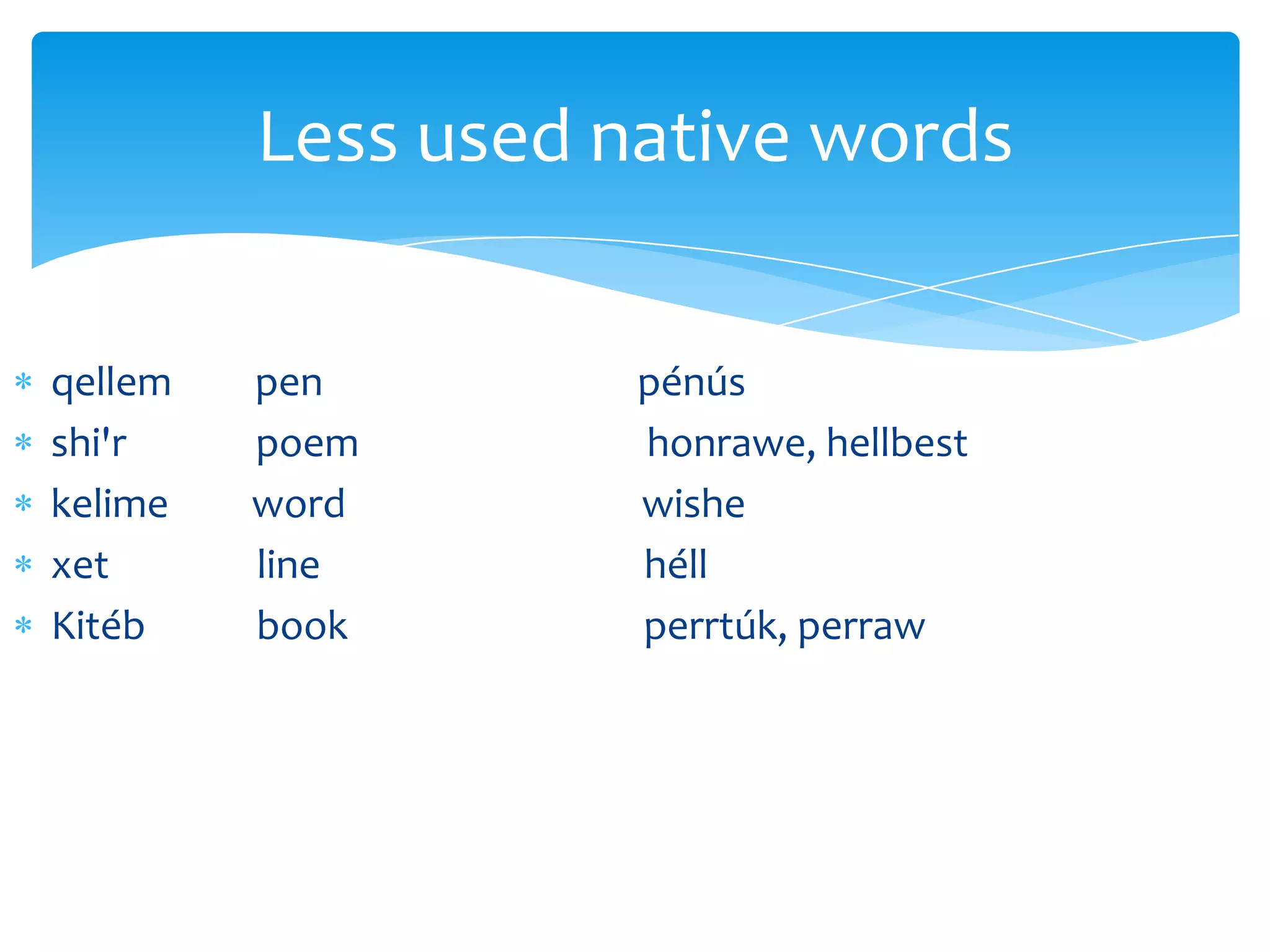 Less used native words
qellem
shi'r
kelime
xet
Kitéb

pen
poem
word
line
book

pénús
honrawe, hellbest
wishe
héll
perrtúk, perraw

 