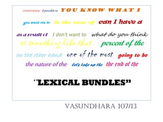 you want me to in the case of can I have a
as a result of I don’t want to what do you think
or something like that
percent of the
on the other hand one of the most going to
be
the nature of the let’s take up the the
end of the
‘”LEXICAL BUNDLES”
Vasundhara RAWAT 107/13
THE ENGLISH & FOREIGN LANGUAGES UNIVERSITY
HYDERABAD
 