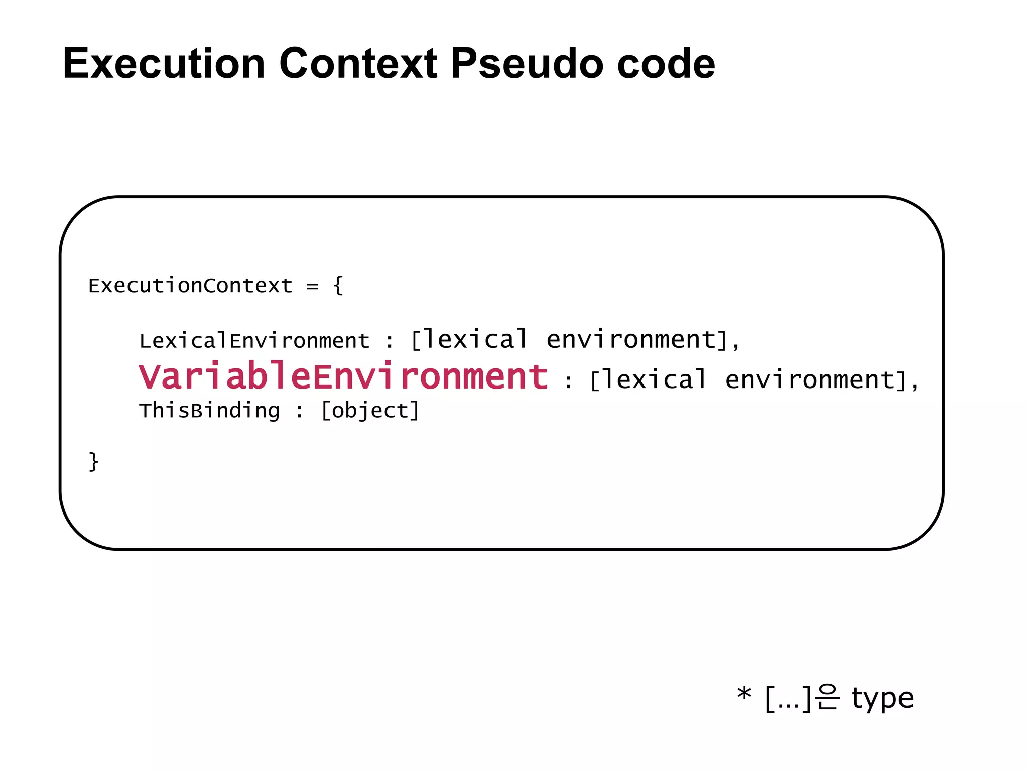 Execution Context Pseudo code
ExecutionContext = {
LexicalEnvironment : [lexical environment],
VariableEnvironment : [lexical environment],
ThisBinding : [object]
}
* […]은 type
 