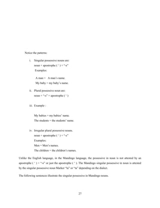 Notice the patterns:

         i.   Singular possessive nouns are:
              noun + apostrophe ( „ ) + “-s”
              Examples:

               A man = A man‟s name.
               My baby = my baby‟s name.

         ii. Plural possessive noun are:
              noun + “-s” + apostrophe ( „ )


         iii. Example :


              My babies = my babies‟ name.
              The students = the students‟ name.


         iv. Irregular plural possessive nouns.
              noun + apostrophe ( „ ) + “-s”
              Examples:
              Men = Men‟s names.
              The children = the children‟s names.

Unlike the English language, in the Mandingo language, the possessive in noun is not attested by an
apostrophe ( „ ) + “-s” or just the apostrophe ( „ ). The Mandingo singular possessive in noun is attested
by the singular possessive noun Marker “la” or “ta” depending on the dialect.

The following sentences illustrate the singular possessive in Mandingo nouns.




                                                     27
 