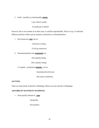 3. lombɛ (usually); ŋ wala karandiya lombɛ

                             I/ go/ school/ usually

                              (I usually go to school)

However, this is not constant as in other cases, it could be unpredictable. That is to say, it could take
different positions within a given syntactic construction, as illustrated below.

    1. Sini (tomorrow) sini ŋ di wa

                             Tomorrow/i/will/go

                             (I will go tomorrow)

    2. Sumamani(quietly) ama sumamani sini

                             He/is/quietly/sitting

                            (He is quietly sitting)

        3. Londodɔ (sometimes) londodɔ a di na

                                    Sometimes/he/will/come

                                    (He comes sometimes)

4.8 TYPES

There are many kinds of adverbs in Mandingo. Below are some adverbs in Mandingo.

ADVERBS OF MANNER IN MANDINGO

    1. Jona( quickly) damuni kɛ jona

                          Eat/quickly

                          (Eat quickly)




                                                      43
 