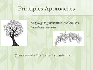 Principles Approaches
Language is grammaticalized lexis not
lexicalized grammar
Strange combination to a native speaker ear
 