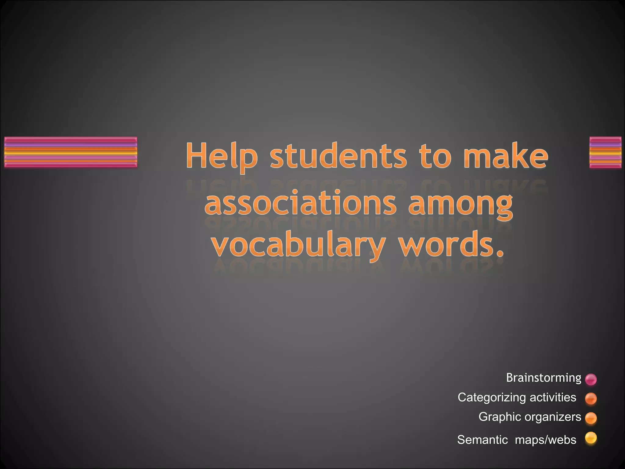 Brainstorming
Categorizing activities
    Graphic organizers
Semantic maps/webs
 