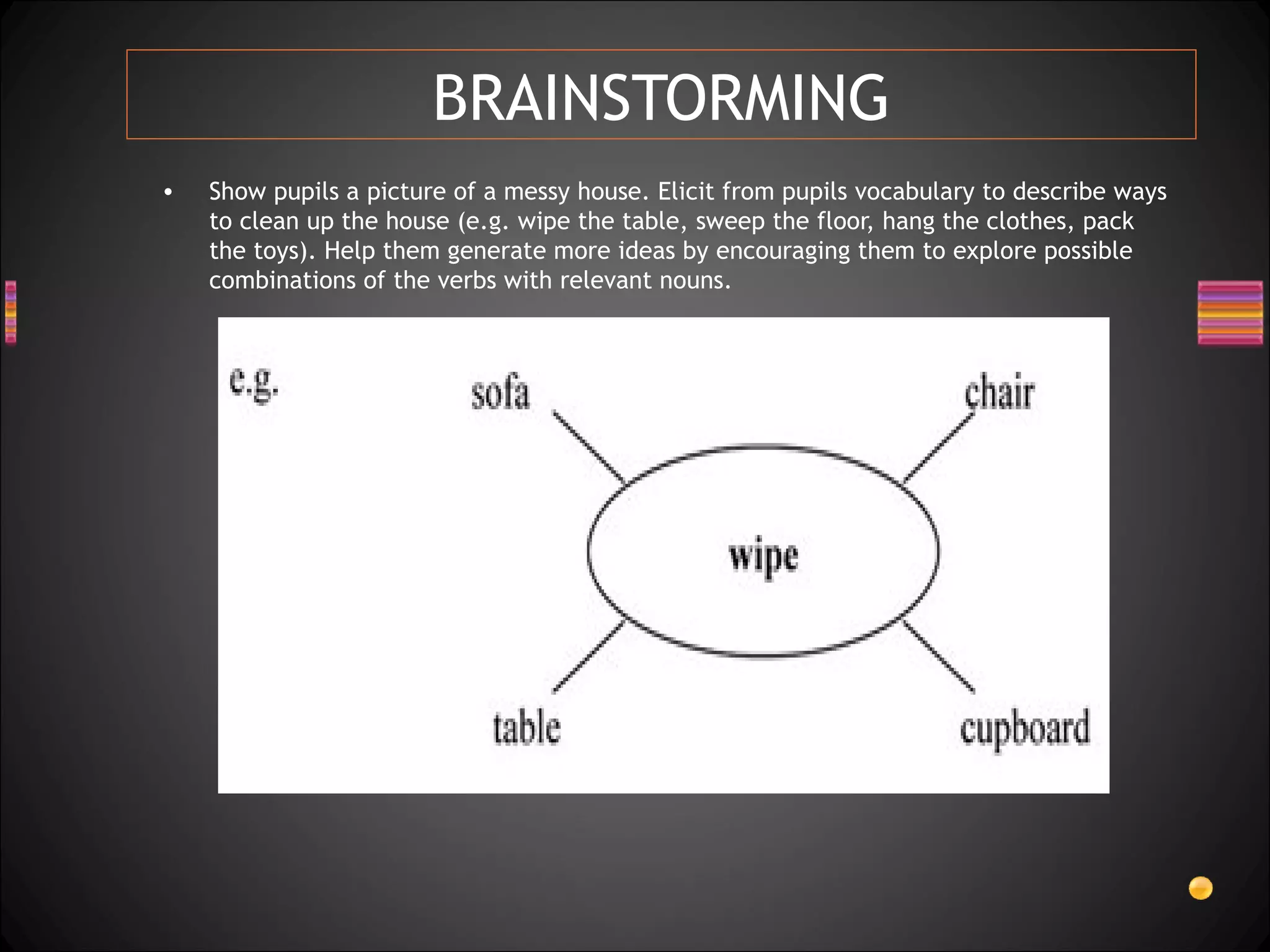 BRAINSTORMING
•   Show pupils a picture of a messy house. Elicit from pupils vocabulary to describe ways
    to clean up the house (e.g. wipe the table, sweep the floor, hang the clothes, pack
    the toys). Help them generate more ideas by encouraging them to explore possible
    combinations of the verbs with relevant nouns.
 